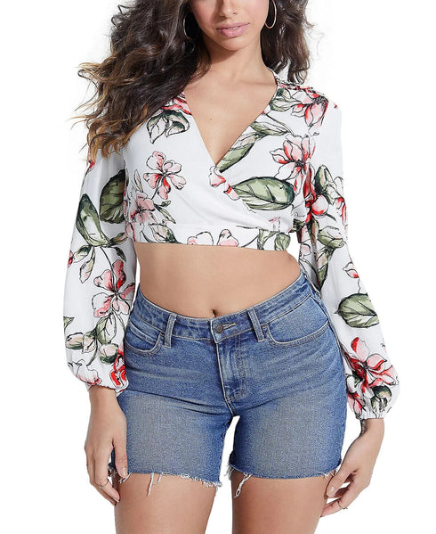 GUESS Long-Sleeve Karlotta Top V-neck White floral Size XS